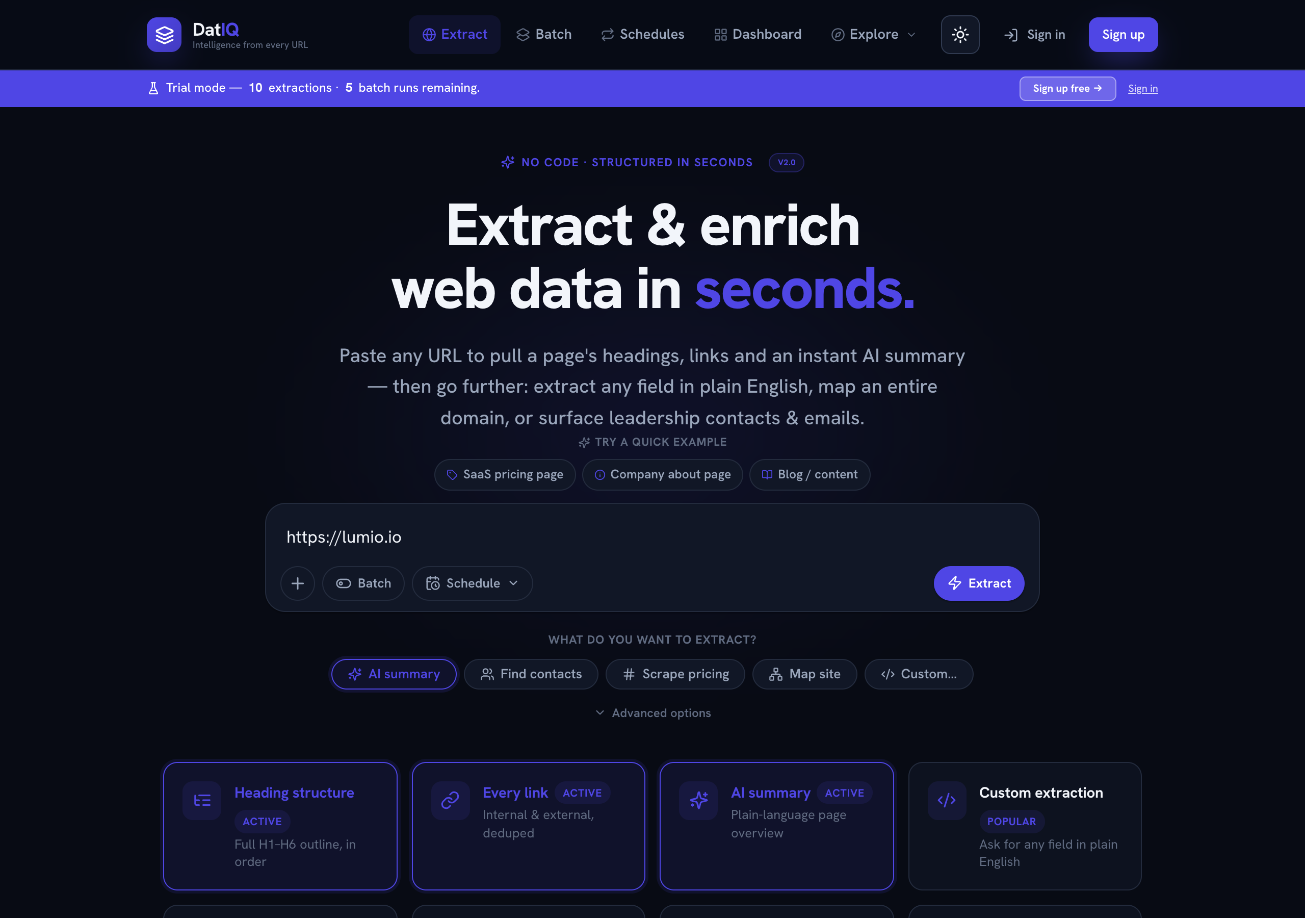 DatIQ Home in dark mode