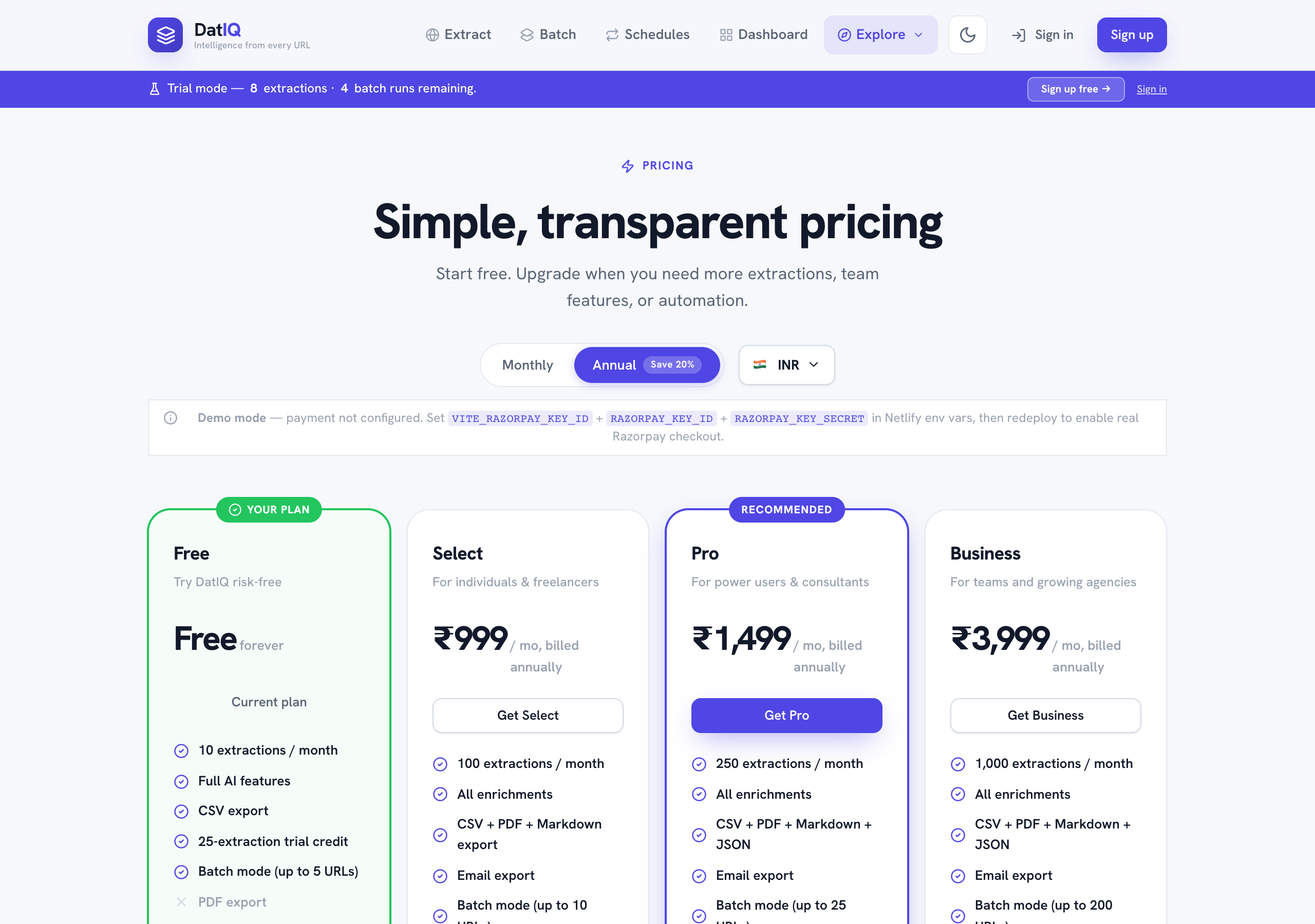 DatIQ pricing page