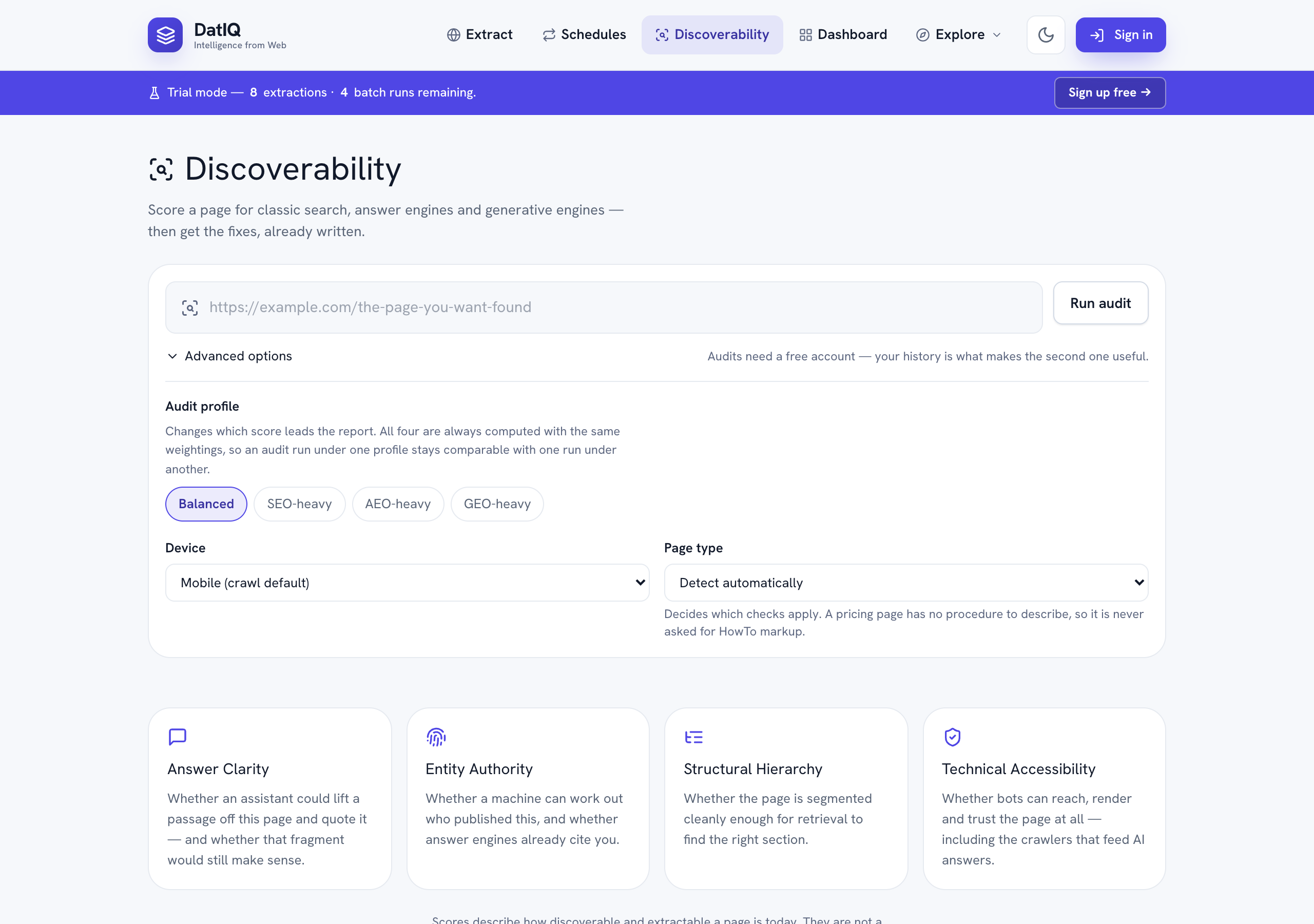 The DatIQ Discoverability screen